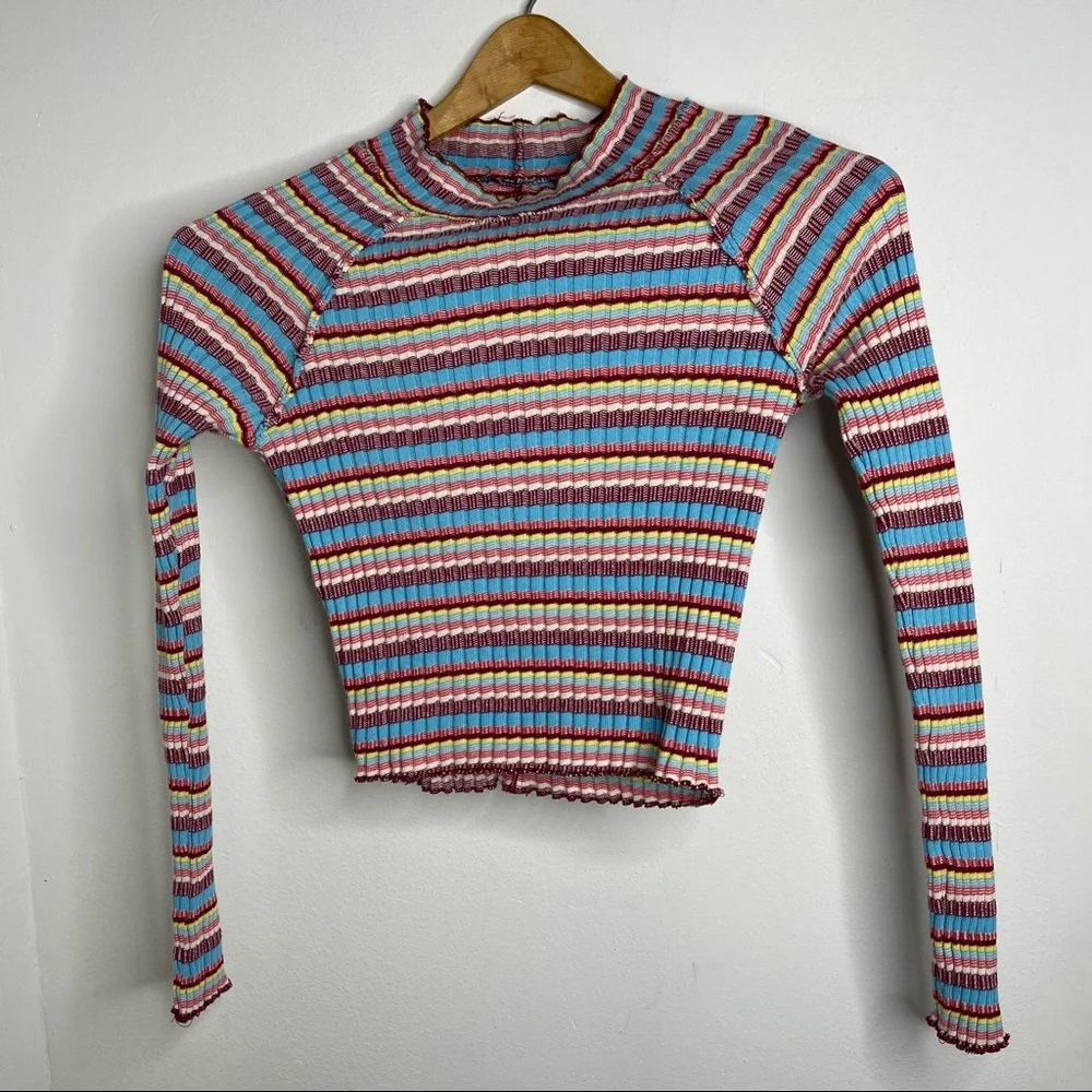 Free People Retro Mirror Blue Striped Mock Neck Ribbed Long Sleeve Crop Top Sz S - Picture 3 of 16